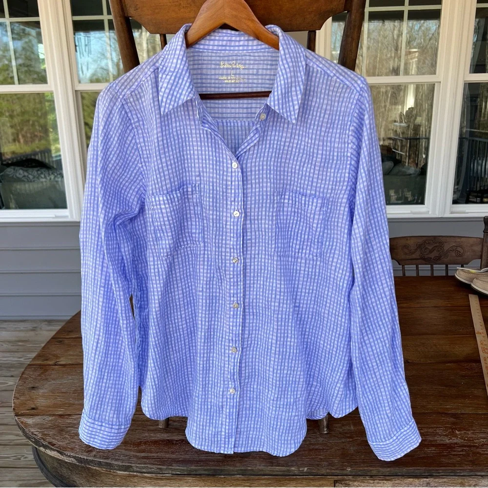 Lilly Pulitzer 100% Linen Button Down Shirt Women’s Purple Blue Plaid Size Large - Picture 2 of 15